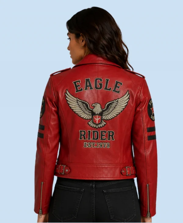Women's Eagle Rider Red Sheepskin Leather Biker Jacket Back