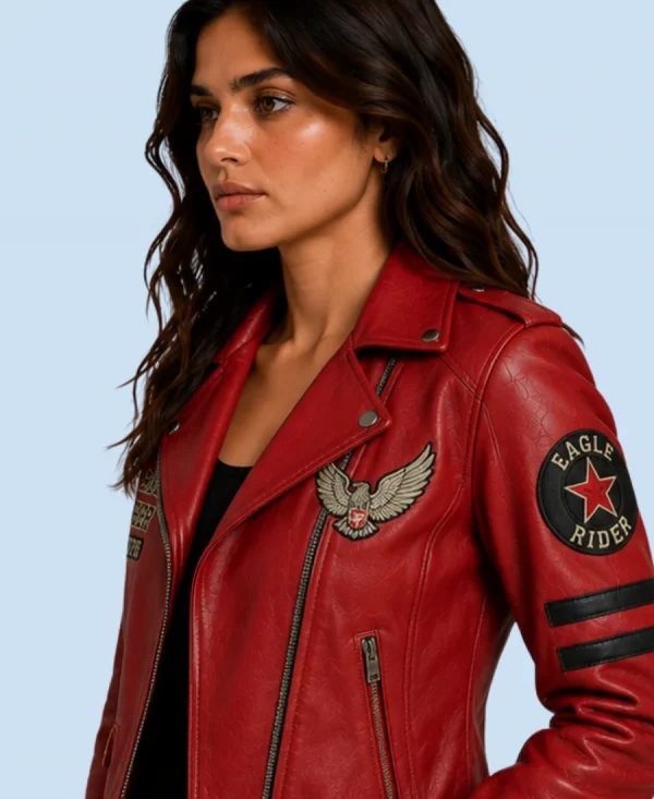 Women's Eagle Rider Red Sheepskin Leather Biker Jacket Side Detail