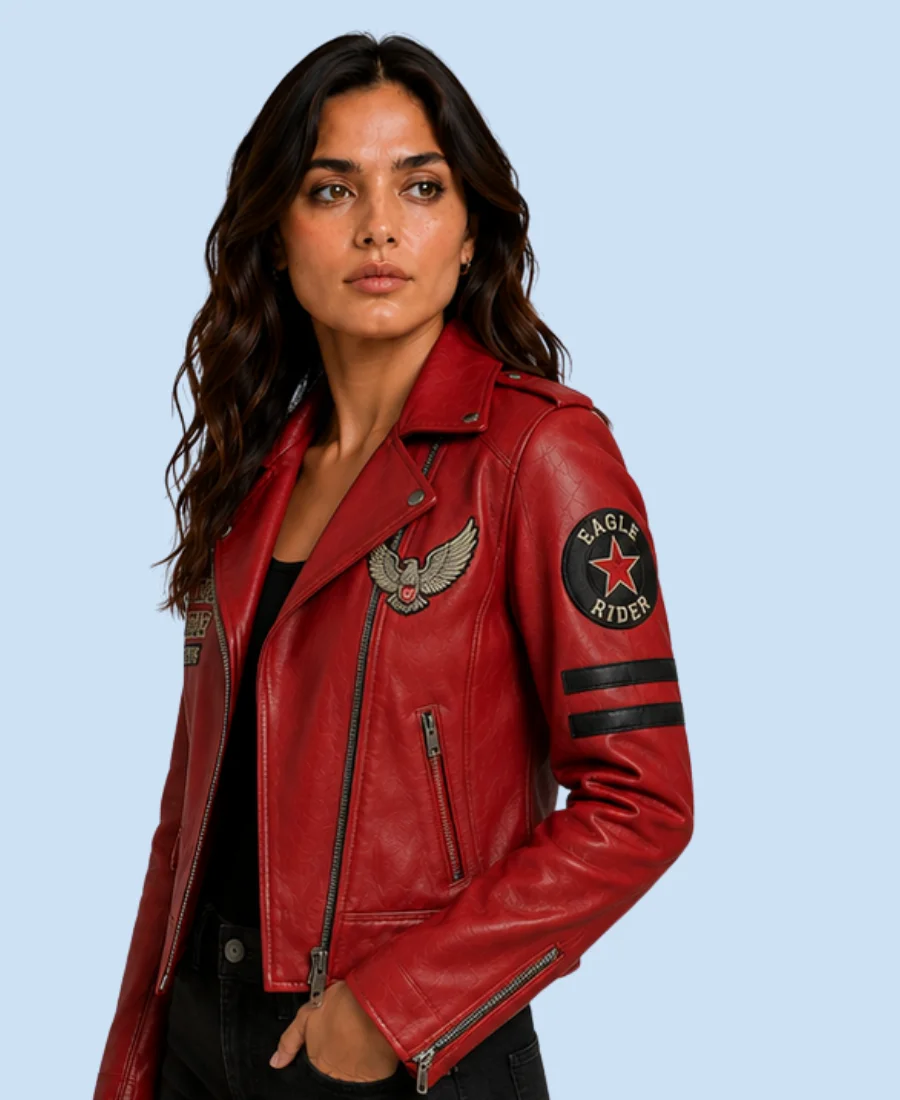 Women's Eagle Rider Red Sheepskin Leather Biker Jacket Side