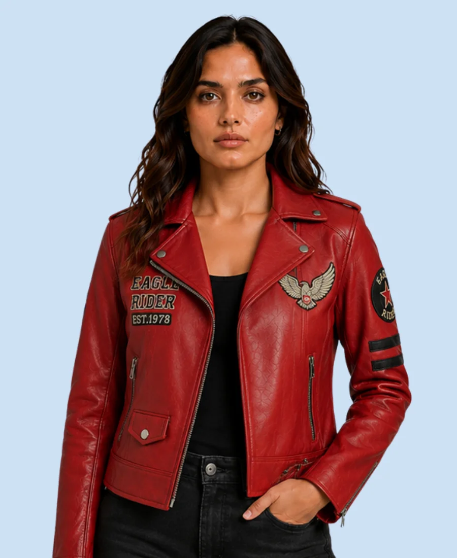 Women's Eagle Rider Red Sheepskin Leather Biker Jacket
