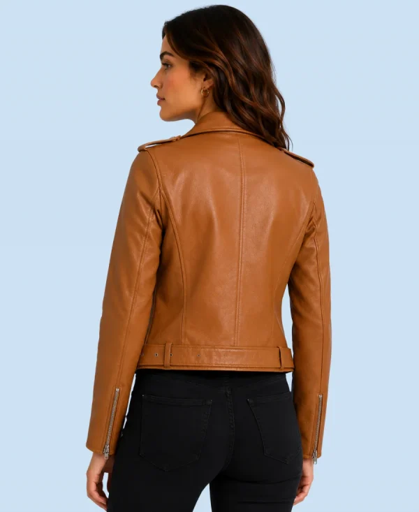 Women's Harper Tan Genuine Leather Biker Jacket Back
