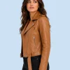 Women's Harper Tan Genuine Leather Biker Jacket Side Detail