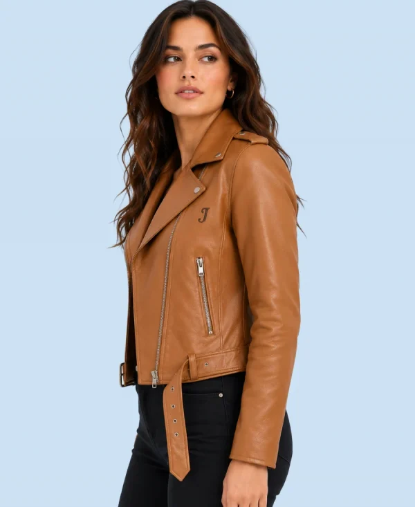 Women's Harper Tan Genuine Leather Biker Jacket Side Detail