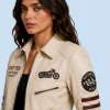 Women's Heritage Cream Sheepskin Leather Shirt Collar Jacket Detail Image