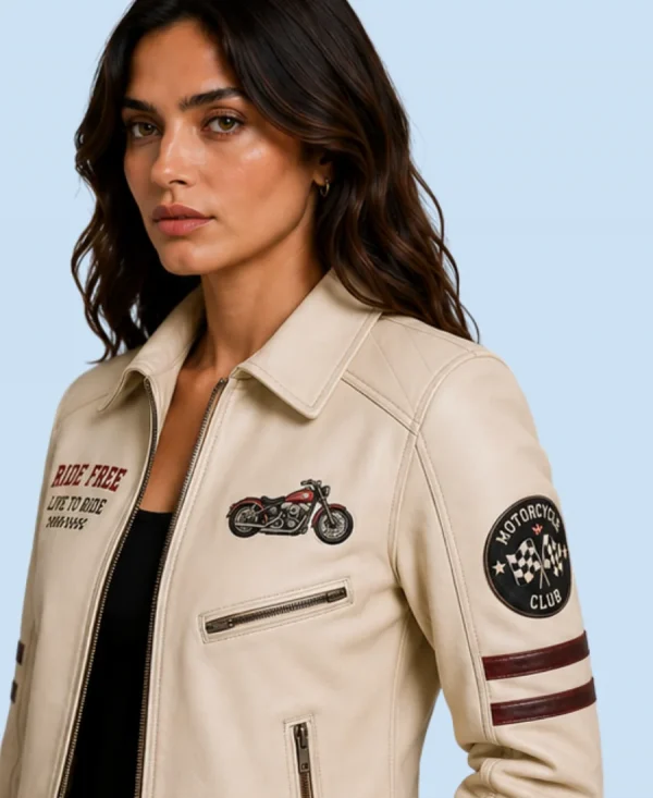 Women's Heritage Cream Sheepskin Leather Shirt Collar Jacket Detail Image