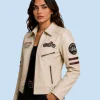 Women's Heritage Cream Sheepskin Leather Shirt Collar Jacket Side Detail