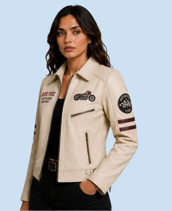 Women's Heritage Cream Sheepskin Leather Shirt Collar Jacket Side Detail