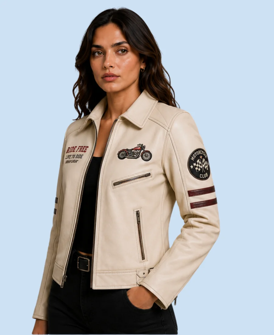 Women's Heritage Cream Sheepskin Leather Shirt Collar Jacket Side Detail
