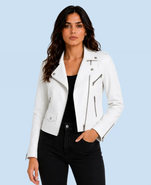 Women's Ivory White Genuine Leather Moto Biker Jacket