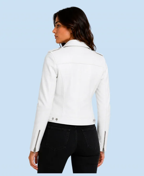 Women's Ivory White Genuine Leather Moto Biker Jacket Back
