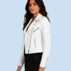 Women's Ivory White Genuine Leather Moto Biker Jacket Side Pose