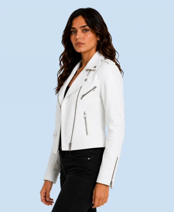 Women's Ivory White Genuine Leather Moto Biker Jacket Side Pose