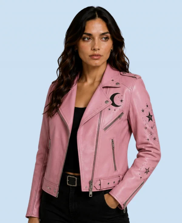 Women's Lunar Bloom Pink Sheepskin Leather Biker Jacket