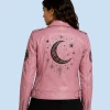 Women's Lunar Bloom Pink Sheepskin Leather Biker Jacket Back