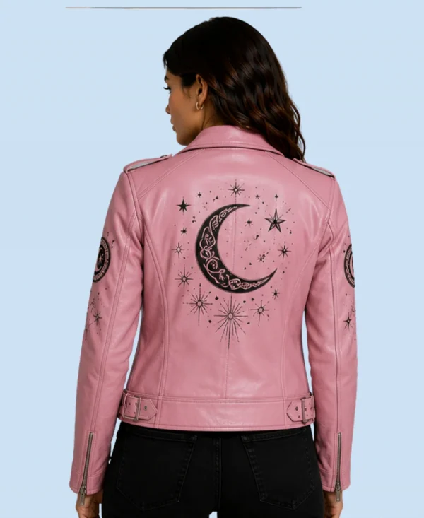 Women's Lunar Bloom Pink Sheepskin Leather Biker Jacket Back