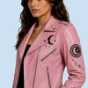 Women's Lunar Bloom Pink Sheepskin Leather Biker Jacket Side Detail
