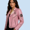 Women's Lunar Bloom Pink Sheepskin Leather Biker Jacket Side Pose