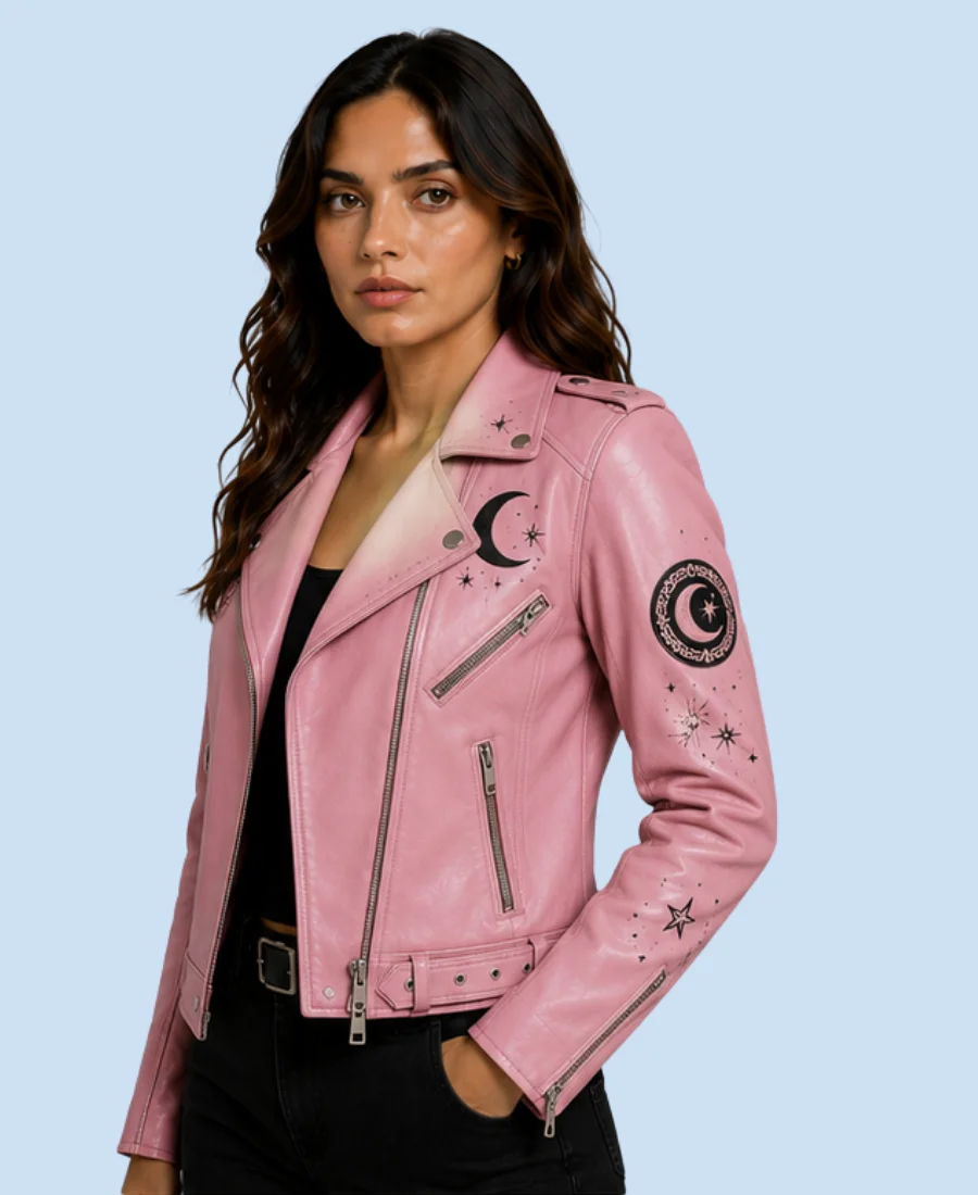 Women's Lunar Bloom Pink Sheepskin Leather Biker Jacket Side Pose