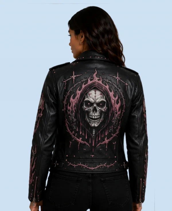 Women's Midnight Reaper Black Sheepskin Leather Biker Jacket Back