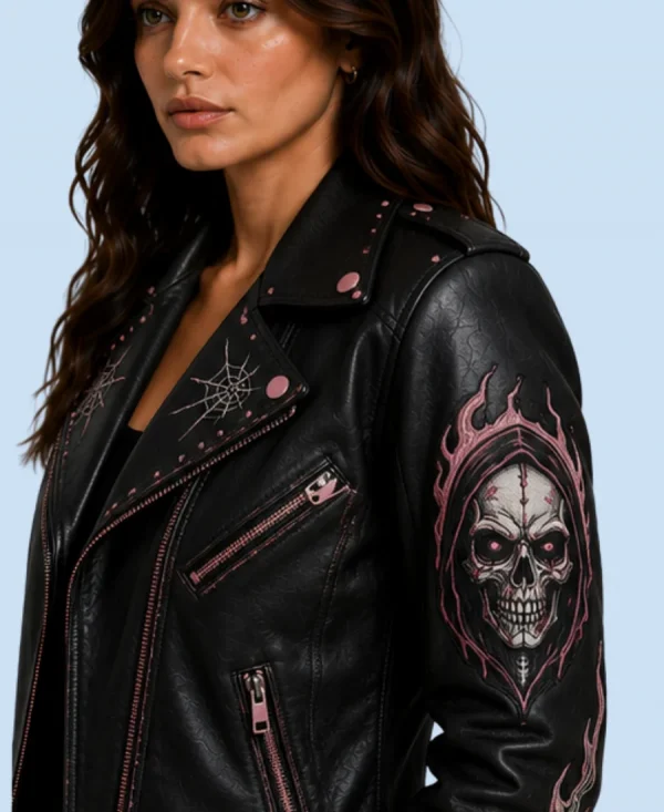 Women's Midnight Reaper Black Sheepskin Leather Biker Jacket Side Detail