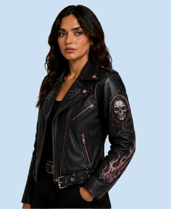 Women's Midnight Reaper Black Sheepskin Leather Biker Jacket Side Pose