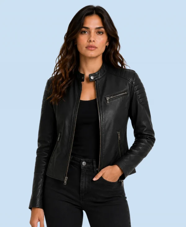 Women's Nova Black Genuine Leather Cafe Racer Jacket