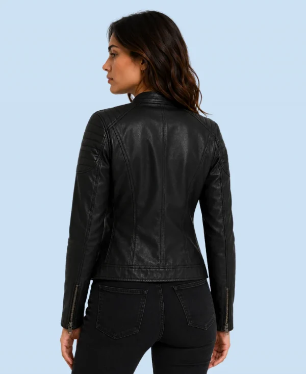 Women's Nova Black Genuine Leather Cafe Racer Jacket Back
