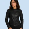Women's Nova Black Genuine Leather Cafe Racer Jacket Front