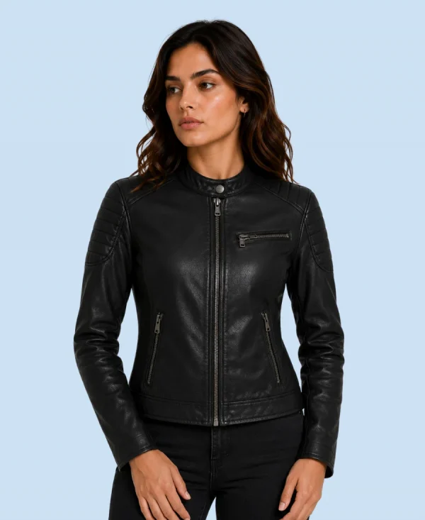 Women's Nova Black Genuine Leather Cafe Racer Jacket Front