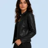 Women's Nova Black Genuine Leather Cafe Racer Jacket Side Detail