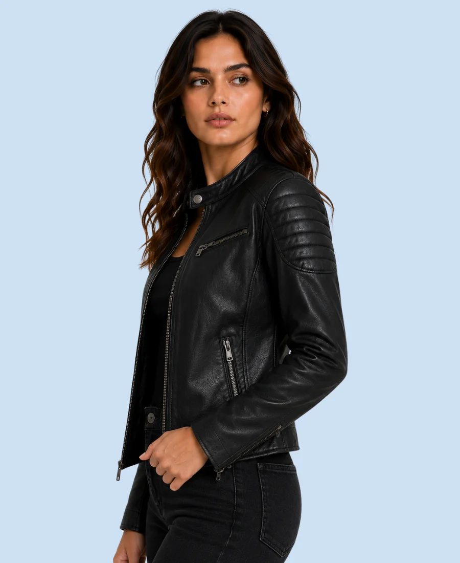 Women's Nova Black Genuine Leather Cafe Racer Jacket Side Detail