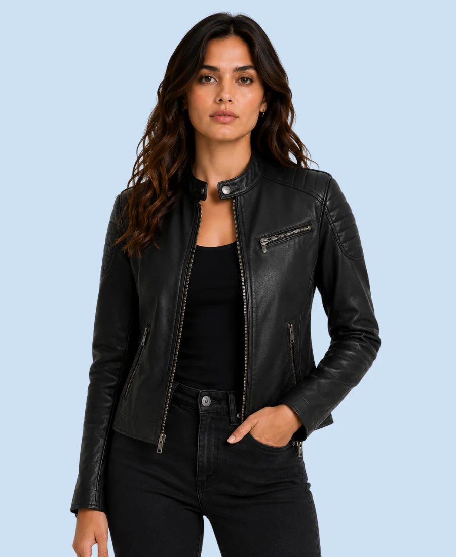 Women's Nova Black Genuine Leather Cafe Racer Jacket