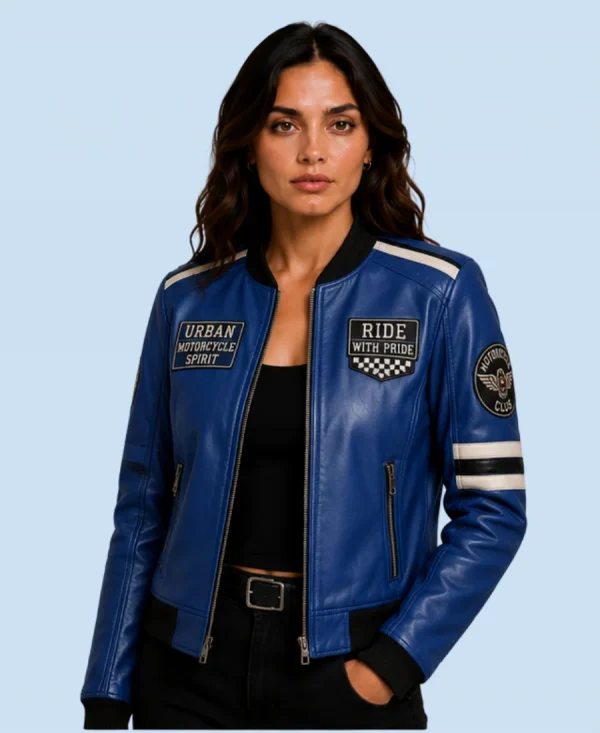 Women's Royal Road Blue Sheepskin Leather Bomber Jacket