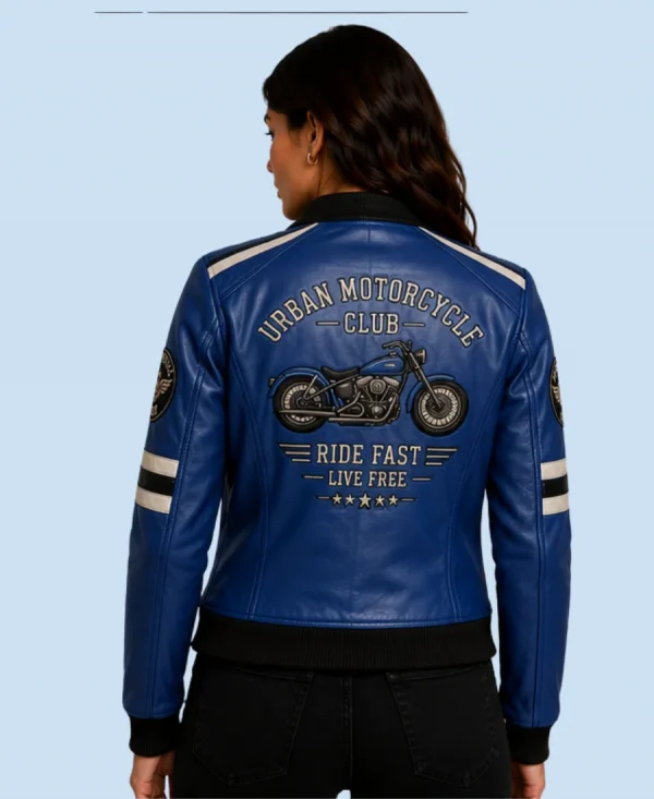 Women's Royal Road Blue Sheepskin Leather Bomber Jacket Back