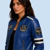 Women's Royal Road Blue Sheepskin Leather Bomber Jacket Side Detail