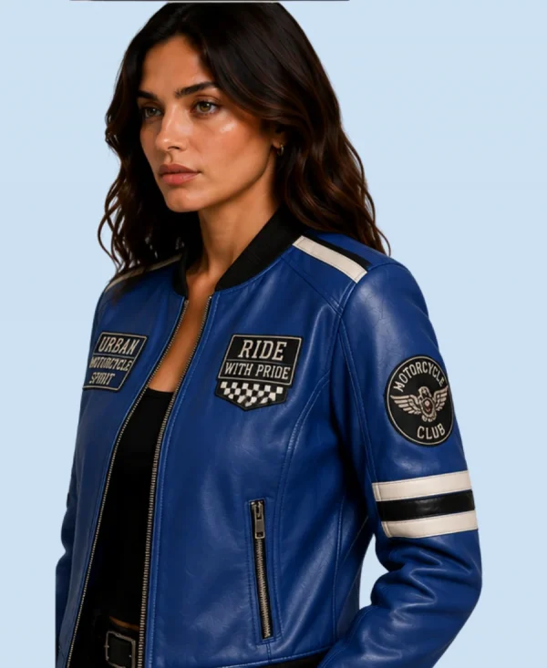 Women's Royal Road Blue Sheepskin Leather Bomber Jacket Side Detail