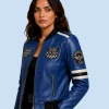 Women's Royal Road Blue Sheepskin Leather Bomber Jacket Side Pose