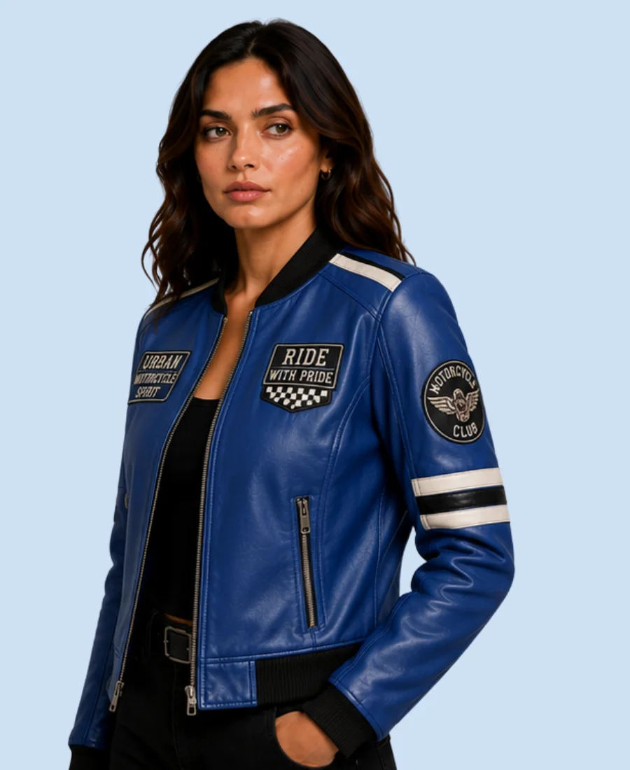 Women's Royal Road Blue Sheepskin Leather Bomber Jacket Side Pose