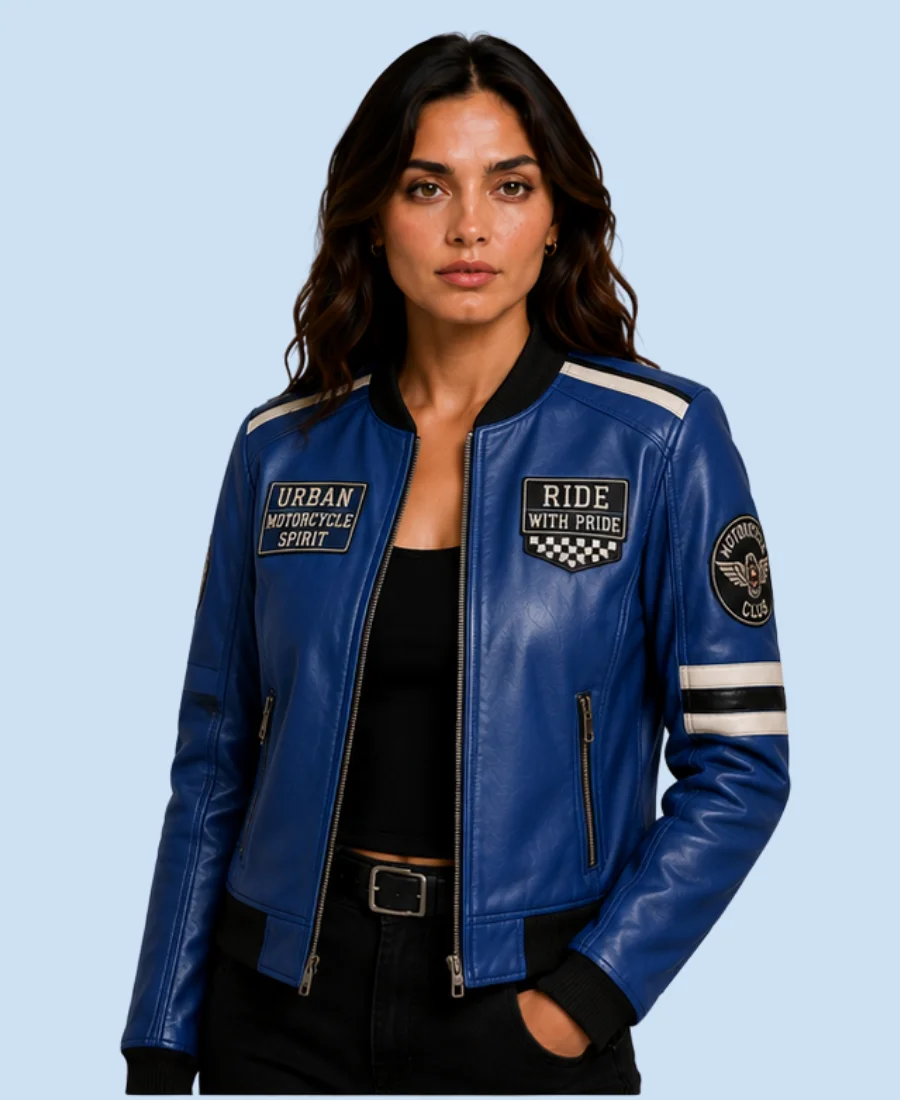 Women's Royal Road Blue Sheepskin Leather Bomber Jacket