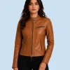 Women's Saddle Tan Genuine Leather Cafe Racer Jacket