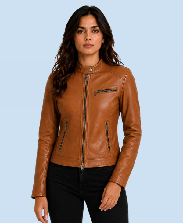Women's Saddle Tan Genuine Leather Cafe Racer Jacket