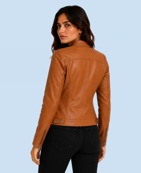 Women's Saddle Tan Genuine Leather Cafe Racer Jacket Back
