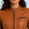 Women's Saddle Tan Genuine Leather Cafe Racer Jacket Front Detail