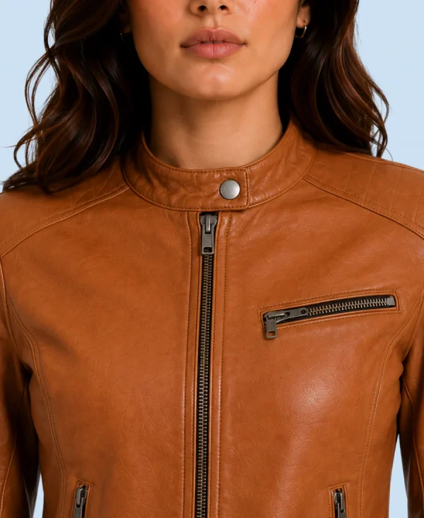 Women's Saddle Tan Genuine Leather Cafe Racer Jacket Front Detail
