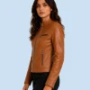 Women's Saddle Tan Genuine Leather Cafe Racer Jacket Side Pose