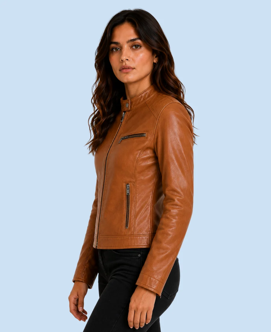 Women's Saddle Tan Genuine Leather Cafe Racer Jacket Side Pose