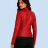 Women's Scarlet Red Genuine Leather Biker Jacket Back Side Pose