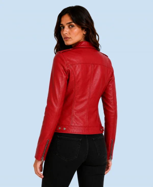 Women's Scarlet Red Genuine Leather Biker Jacket Back Side Pose