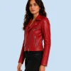 Women's Scarlet Red Genuine Leather Biker Jacket Side Pose