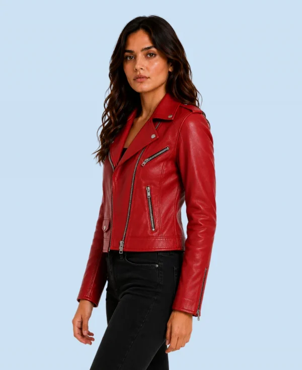 Women's Scarlet Red Genuine Leather Biker Jacket Side Pose
